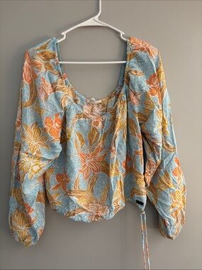 Roxy Light Blue Floral Puff-Sleeve Tunic with Side Tie